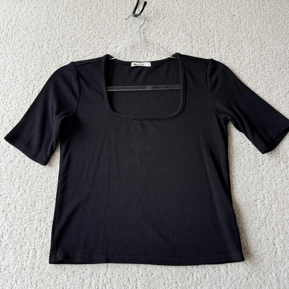 Marine Layer Lexi Rib Square Neck Top Womens S Black Short Sleeve Ribbed 10168
